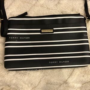 Tommy Hilfiger Black and White Striped Messenger Crossbody
